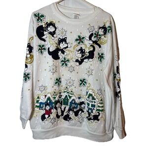 Vintage Christmas On Mainstreet Cat Sweatshirt USA Made L‎ Large Puffy Paint